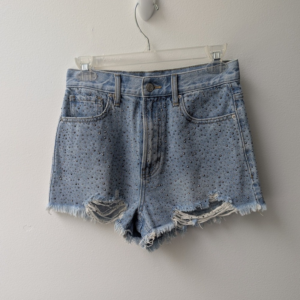 PacSun Denim Shorts Light Wash Rhinestone Studded Frayed Hem Sz 24 Glam Sparkle